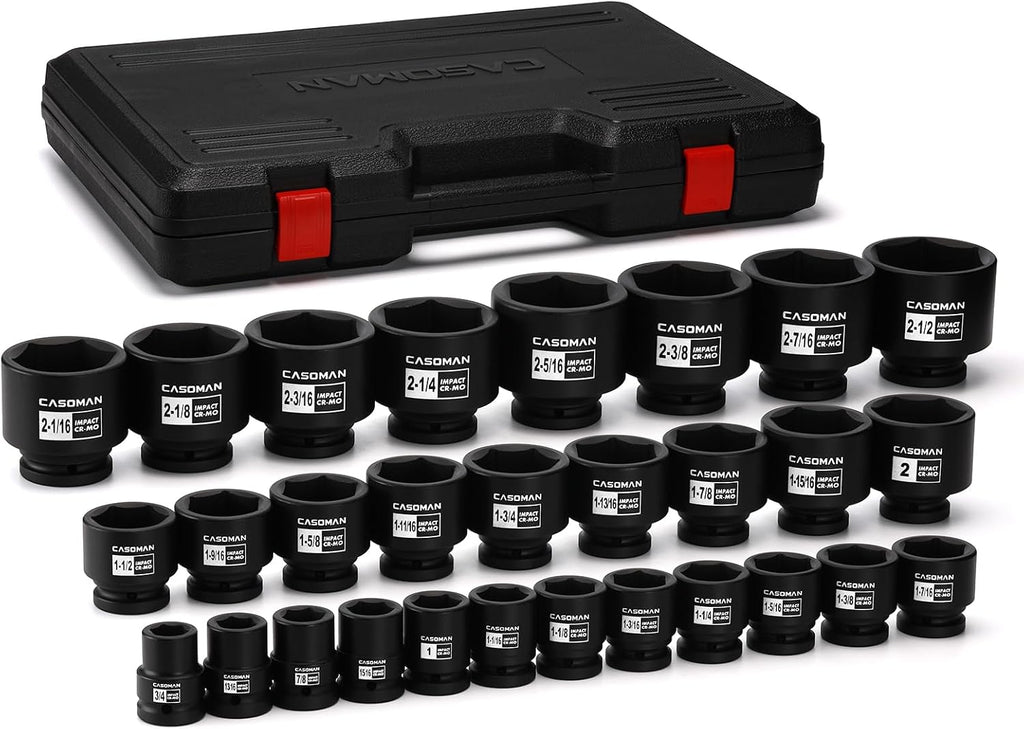 CASOMAN 29-Piece 3/4' Drive Shallow Spindle Axle Nut Impact Socket Set, 6-Point, Standard Large Socket Set, SAE (3/4' to 2-1/2'), CR-MO Steel, with Storage Case