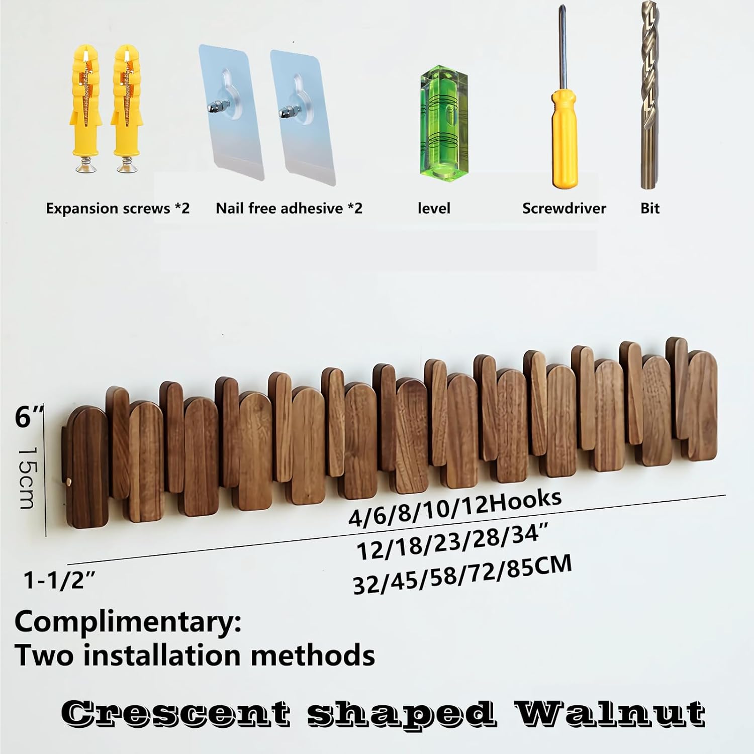 Wall Mounted Piano Key Hanger | Flip Style Hook | Entrance Wall Art Hook, Made of Oak Wood (3 Times Painted, 4 Times Polished) (Arc Walnut, 12Hooks)