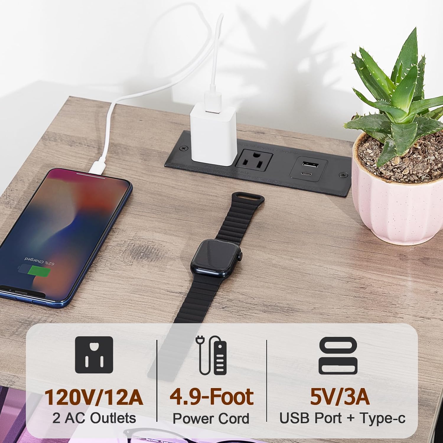 AMHANCIBLE Night Stand Set of 2 with Charging Station and LED Lights, Large 2-Drawer Bedside Tables with USB Ports and AC Outlets, Modern Nightstand for Bedroom, Grey, HET052LGY
