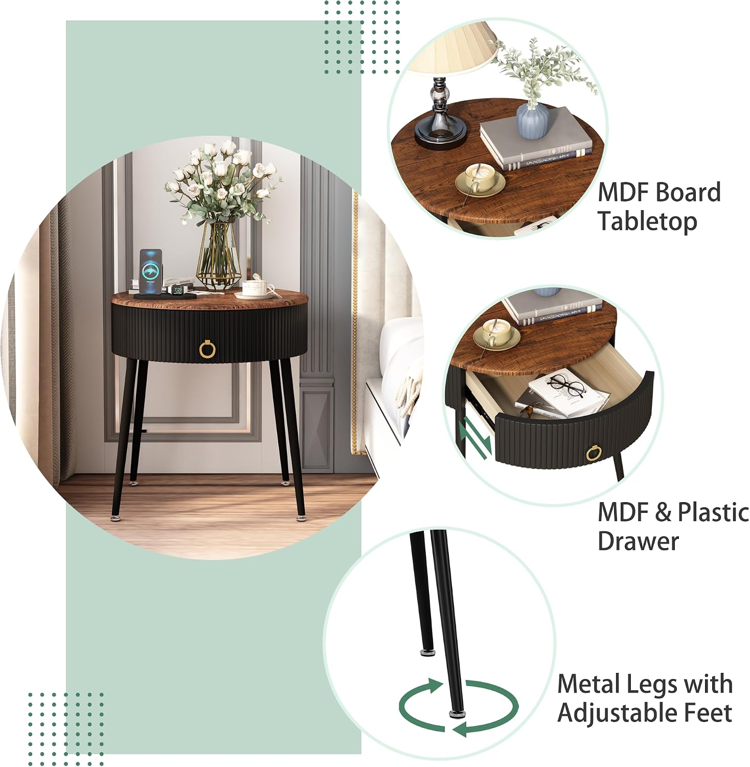 OIOG Side Tables Set of 2, Round Nightstand with Drawer, Modern Bedside End Tables for Small Space, Living Room, Bedroom, Office, Dorm, Rustic Brown and Black