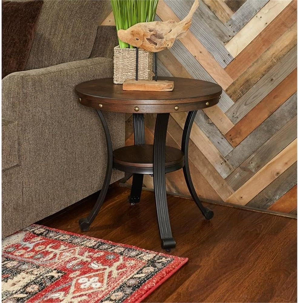 Pemberly Row Traditional End Table, 24' Round Wood and Metal, Rustic Umber Brown Finish, Oak Woodgrain Veneer Top with Nailhead Details, Sturdy Base, Living Room Side Table with Shelf