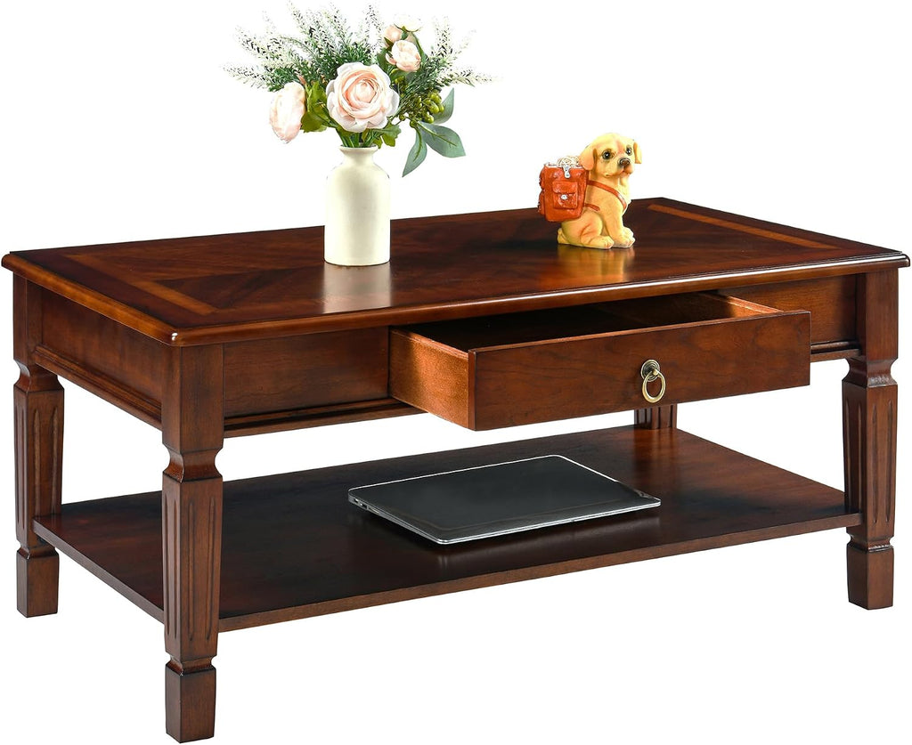 Living Room Table Set-1 Coffee Table and 2 End Tables with Storage Drawer and Shelf, Farmhouse Center Table with Wood Legs, Rectangular Corner Table, Easy Assembly Dark Cherry KFZ-D1258