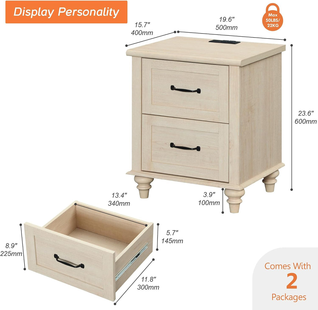 WAMPAT Night Stands for Bedrooms Set of 2 End Tables with Charging Station, 2 Drawer Nightstand Wooden Bedside Table, Farmhouse Side Table for Living Room & Study, Beige