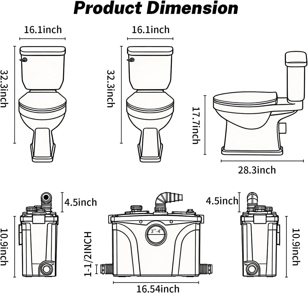 700W Macerating Toilet with Pump, Two-Piece Upflush Toilet For Basement, Powerful & Quiet Macerating Pump System With 4 Water Inlet, 23Ft Vertically, Elongated Bowl