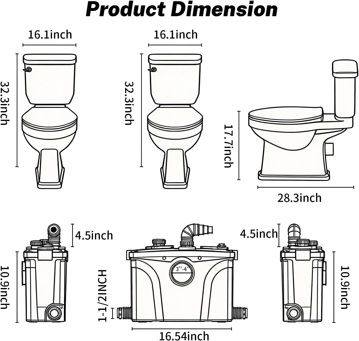 700W Macerating Toilet with Pump, Two-Piece Upflush Toilet For Basement, Powerful & Quiet Macerating Pump System With 4 Water Inlet, 23Ft Vertically, Elongated Bowl