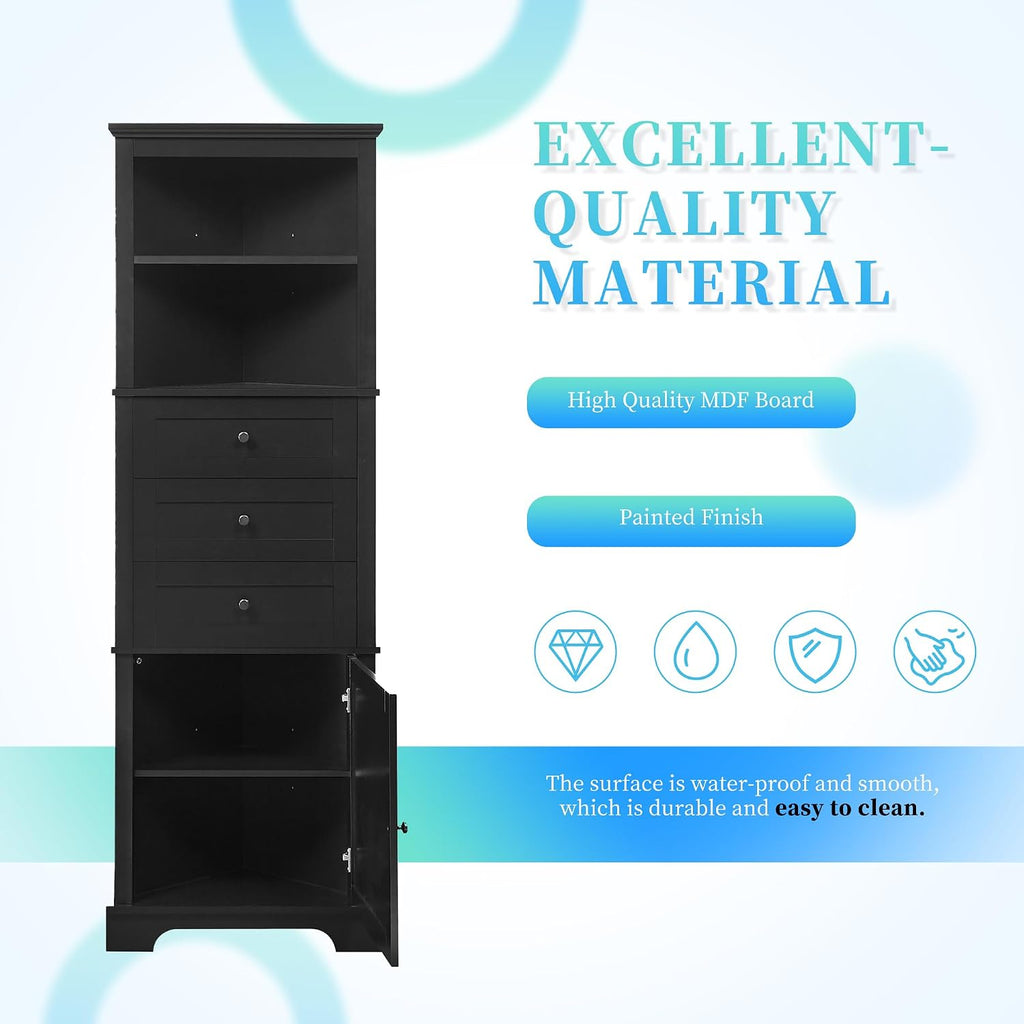 Corner Storage Cabinet with Adjustable Shelves, 68.9 in Tall | MDF, painted finish, adjustable shelves, corner fit, enclosed storage, bathroom, kitchen, 23 W x 13.4 D x 68.9 H in