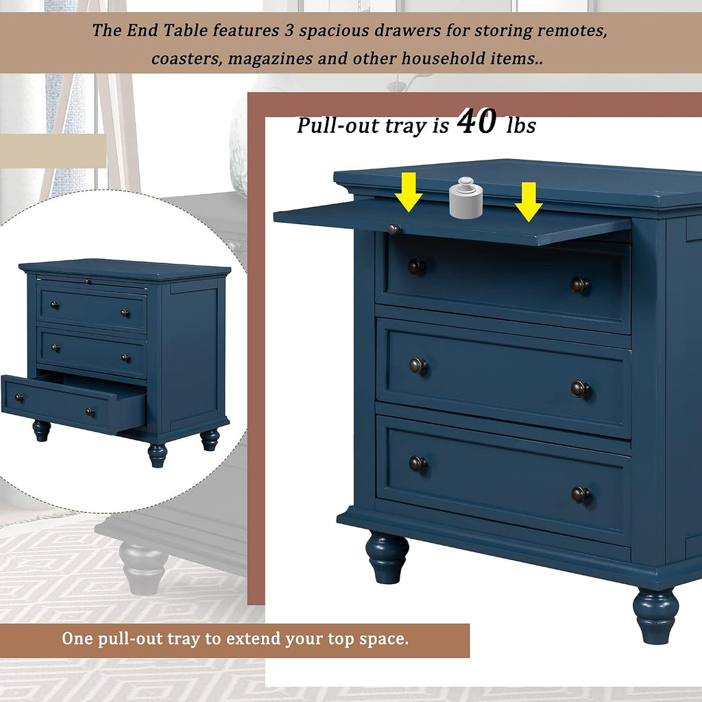 Farmhouse Wood Nightstand with 3 Storage Drawers, Bedside Table End Table with Pull Out Tray, Modern Wooden Side Table Dresser for Bedroom Hallway Living Room (Blue)