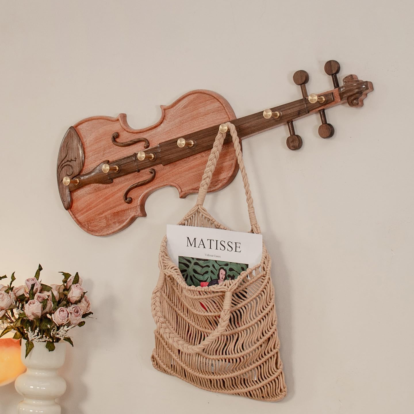 Violin-Shaped Coat Rack Solid Wood Wall-Mounted Clothes Hook can be Installed in The Study and Living Room Decorative Wooden Key, hat Clothes Hook, Entrance Entrance Storage Hook