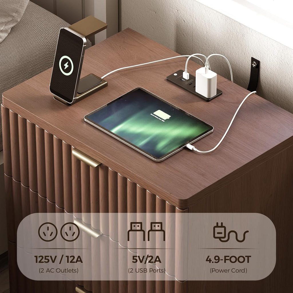 Nightstands Set of 2, Nightstand with Charging Station & 3 Drawers Storage Bedside Table Large Fluted Bed Side End Table, Modern Nightstand for Bedroom Living Room (Walmut)