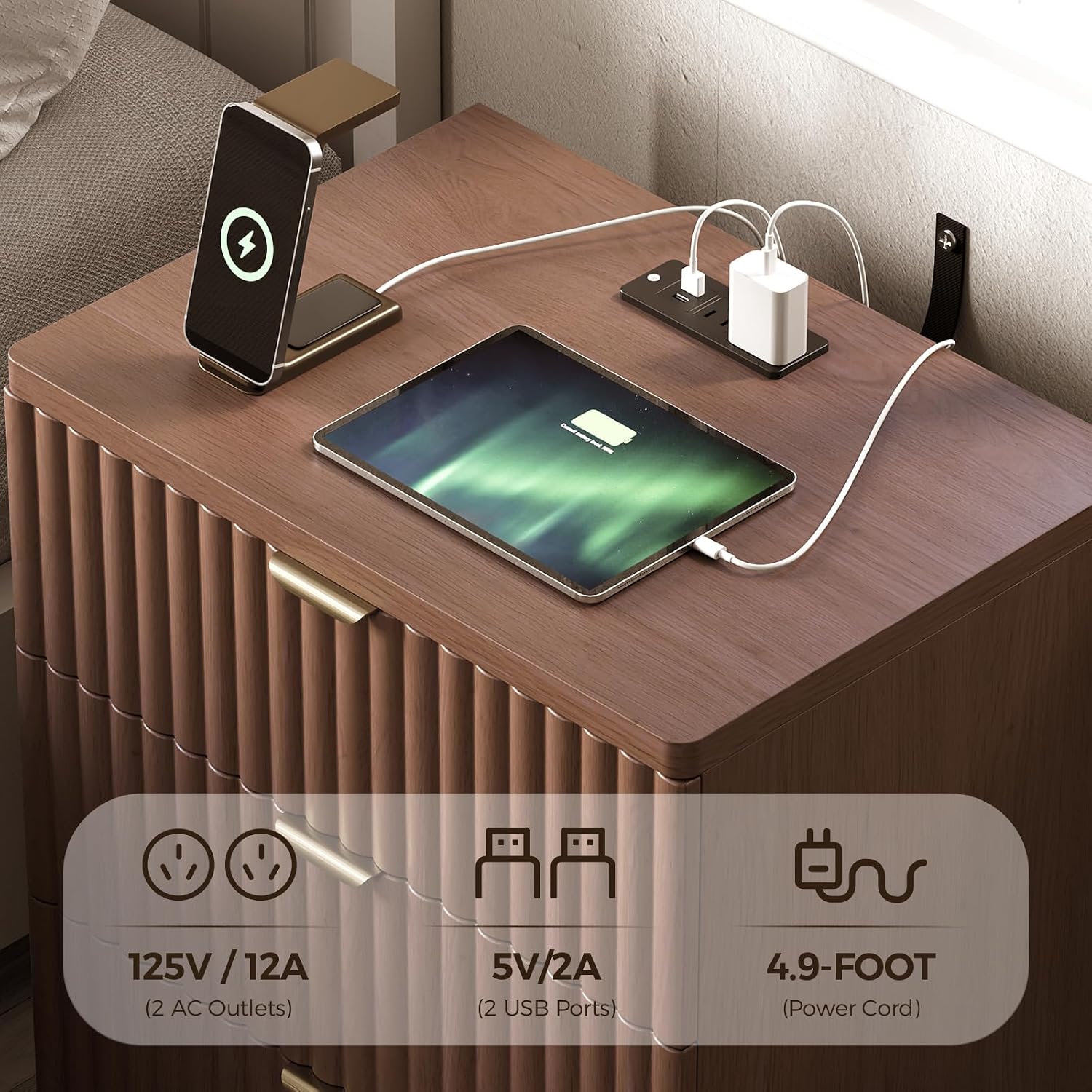 Nightstands Set of 2, Nightstand with Charging Station & 3 Drawers Storage Bedside Table Large Fluted Bed Side End Table, Modern Nightstand for Bedroom Living Room (Walmut)