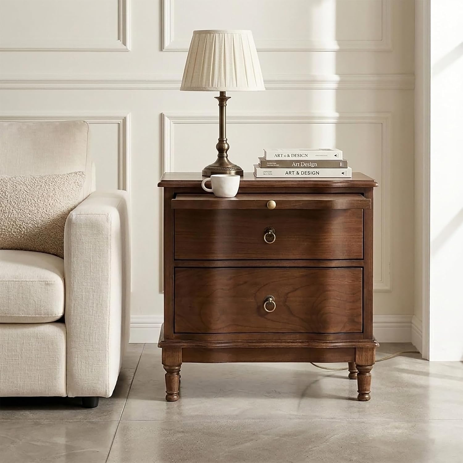 HULALA HOME Solid Wood Storage End Table with Hidden Pull-Out Shelf, Transitional 2 Drawer Side Table with Charging Station, Large SideTable with USB Ports, Easy Assembly, Walnut