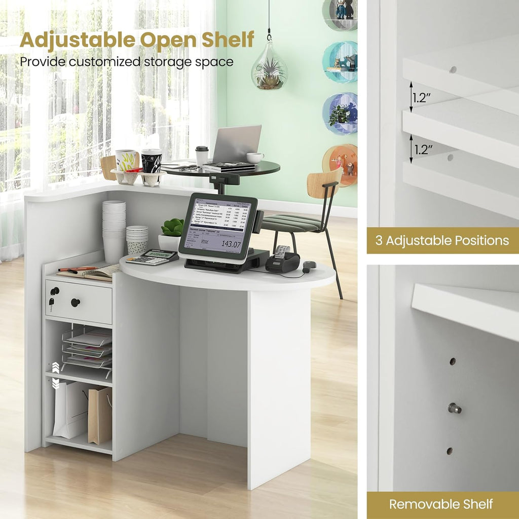 Giantex Reception Desk, Front Counter Desk with Lockable Drawer, Checkout Table with Round Tabletop, Corner Shelf & Adjustable Shelf for Office Beauty Salon Retail Store (White)
