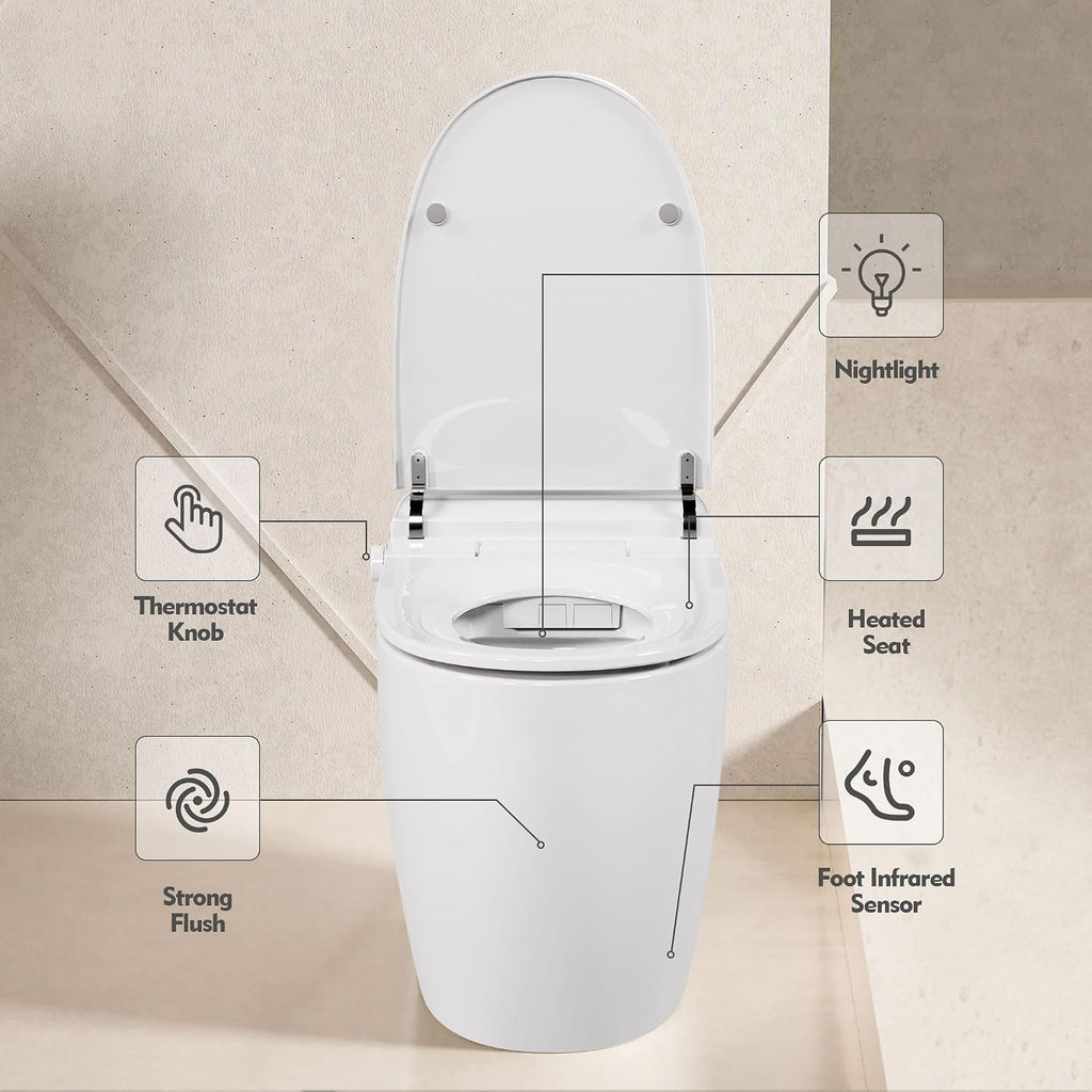 Smart Bidet Toilet with Auto Open & Close Seat, Elongated One Piece Self Flushing Toilet, Heated Seat Warm Water Sprayer, Foot Sensor Operation, Modern Electric Toilet for Bathroom Renovation