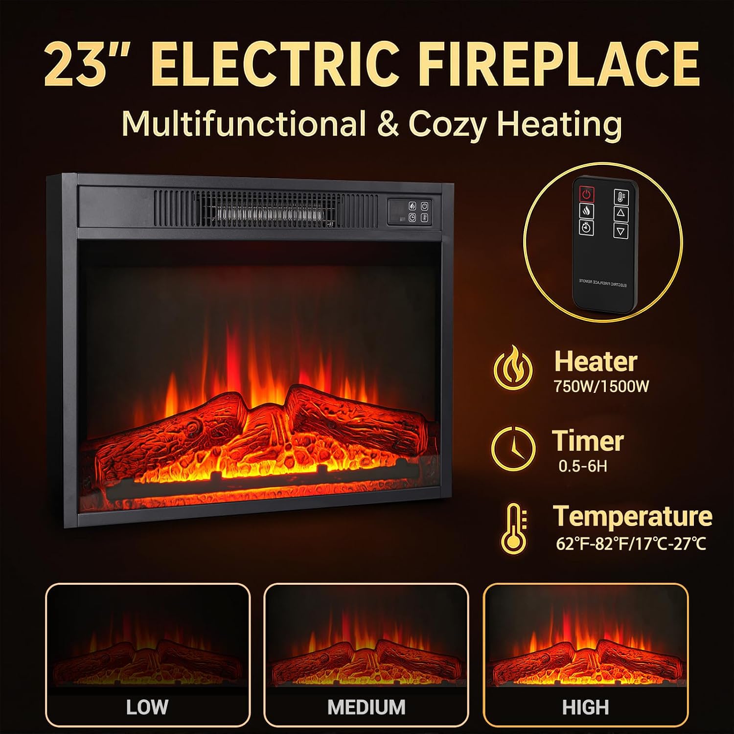 72' Electric Fireplace with Mantel, White TV Stand for TVs Up to 80 Inch, Farmhouse Entertainment Center with Storage for Bedroom,23'' Fireplace Insert Heater for Living Room