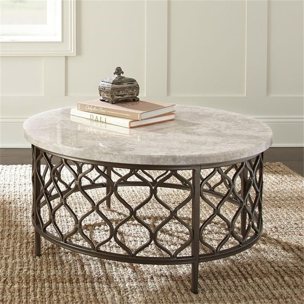BOWERY HILL Round Coffee Table, 36 in White Stone Top with Bronze Powder Coated Metal Base, Metal Fretwork Design, Modern Style Living Room Table