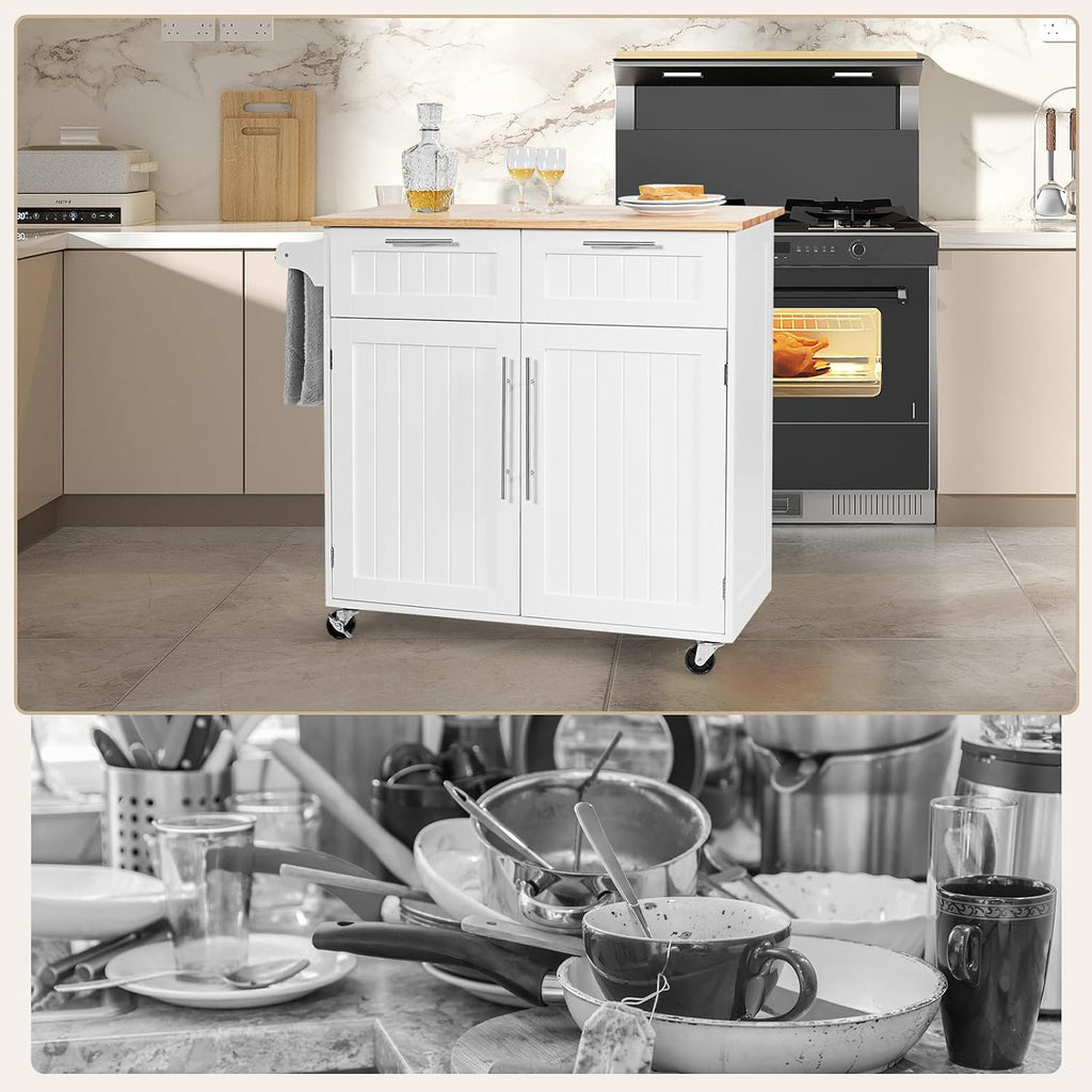 Kitchen Island with Storage, Mobile Kitchen Trolley Cart with Wheels, Rubber Wood Top, Adjustable Shelves, Towel Rack & Drawers, Rolling Kitchen Island Cart, 37' L x 18' W x 37' H (White)