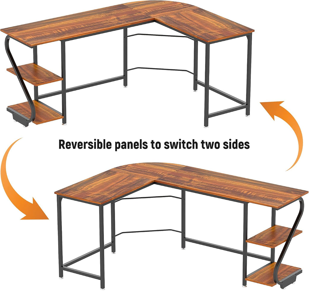Weehom Reversible L Shaped Desk with Shelves Large Corner Computer Desk Gaming Desks for Home Office Writing Workstation Wooden Table,Rustic Brown