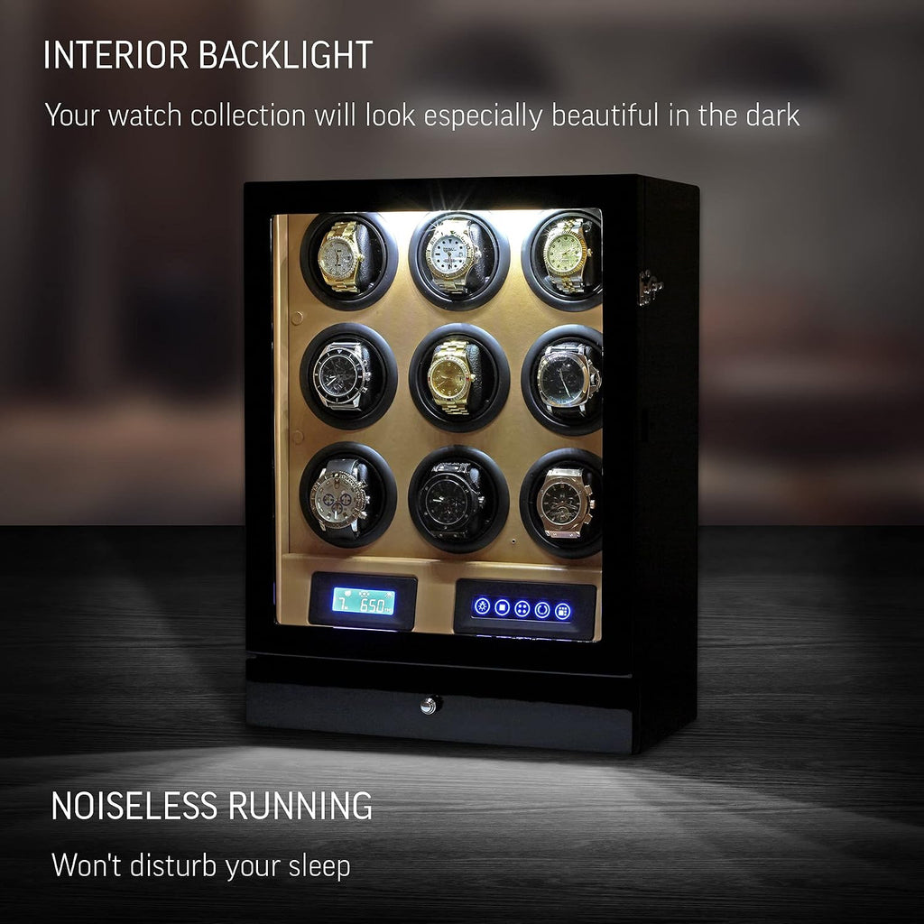 9 Watch Winder with LED Interior Light, LCD Display and 2 Watch Storage Space