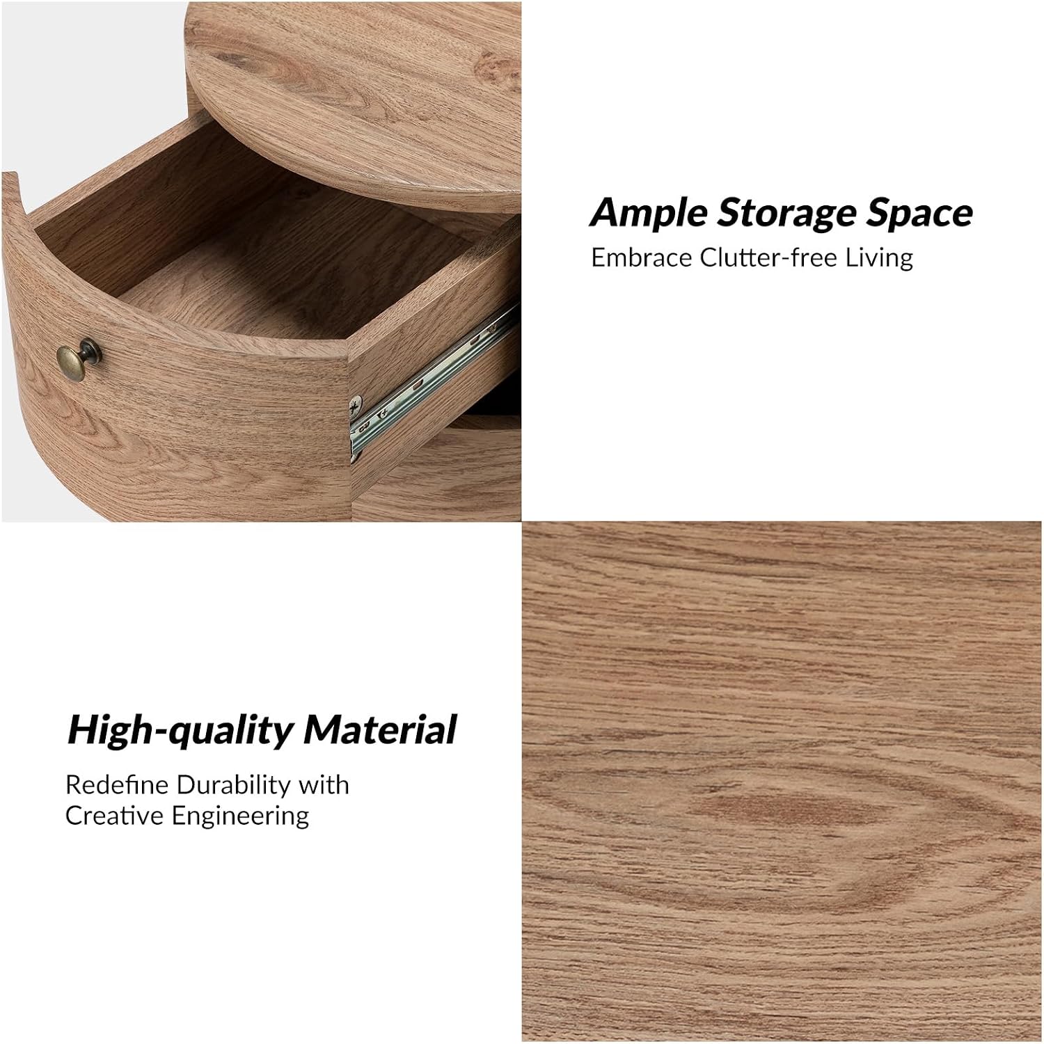 HULALA HOME Round End Table with 3 Storage Drawers, Mid Century Modern Sofa Side Table with Metal Legs, Farmhouse Wood Small Side Table for Living Room, Bedroom and Small Spaces, Oak