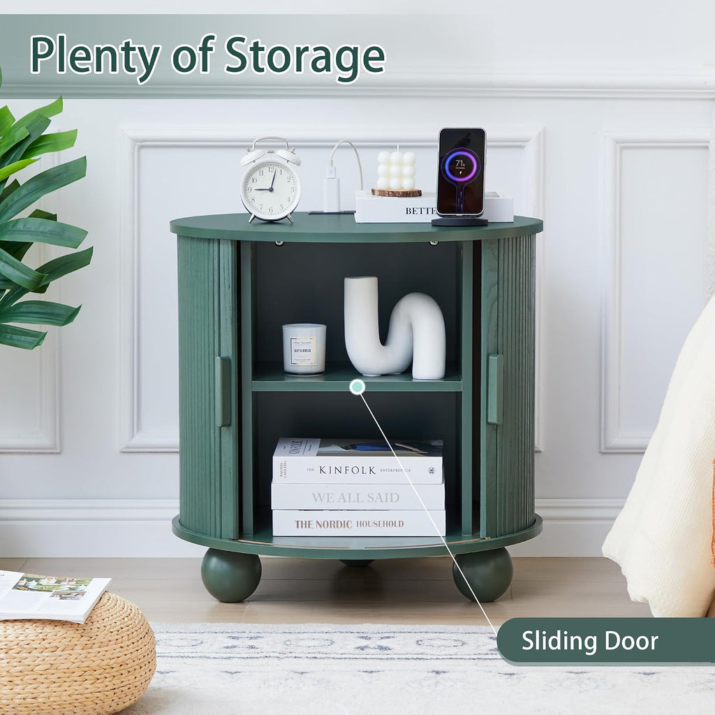 24 Inch Round Nightstand with Charging Station, Green Mid-Century Modern End Side Table with Fulted Sliding Door, Unique Vintage Bedside Table with Storage for Sofa, Couch, Bed (Round, Green)