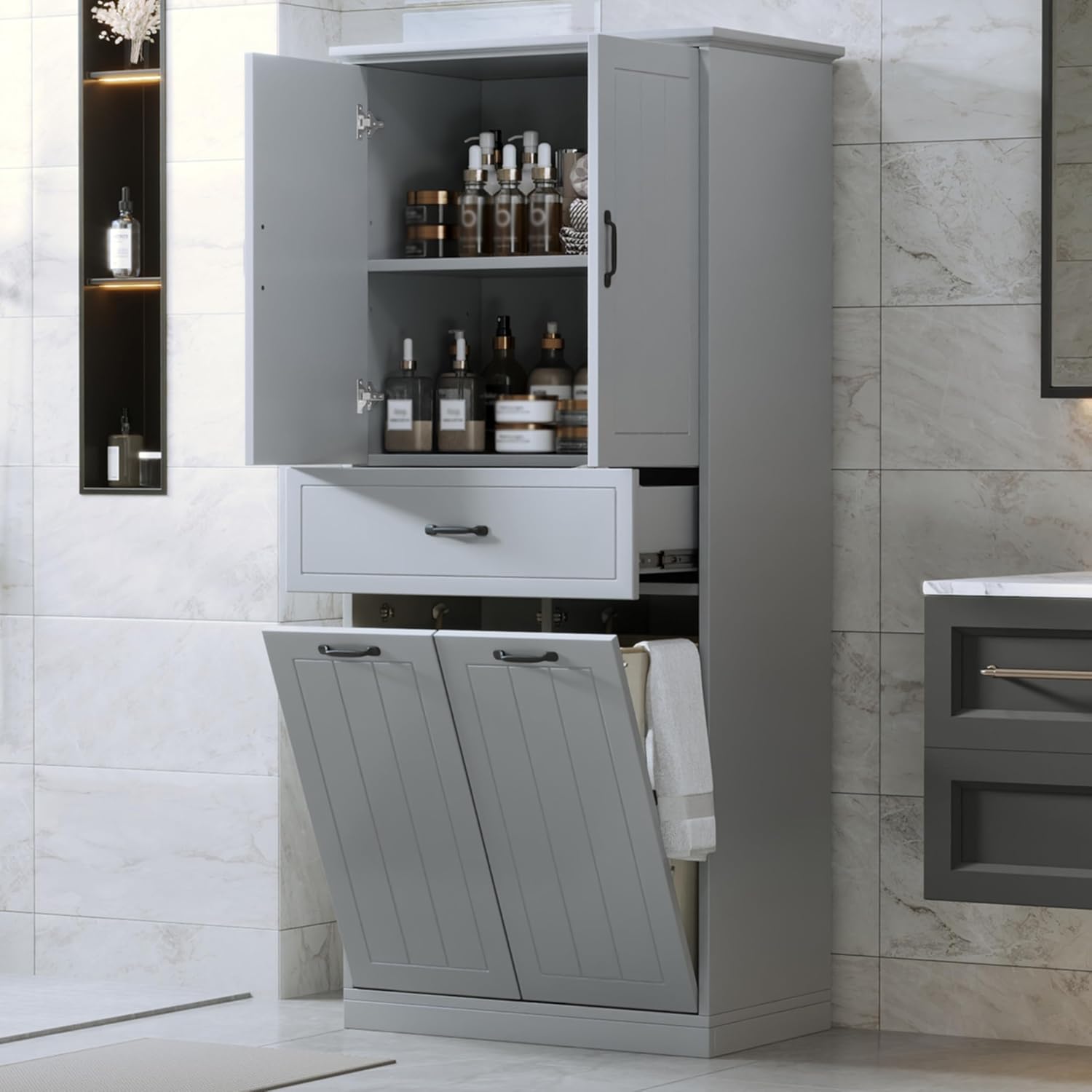 Bathroom Storage Cabinet with 2 Removable Bins, 65.8 in Tall | MDF, painted finish, adjustable shelf, 2 removable bins, enclosed storage, anti-tip, bathroom, 29.9 W x 15.7 D x 65.8 H in