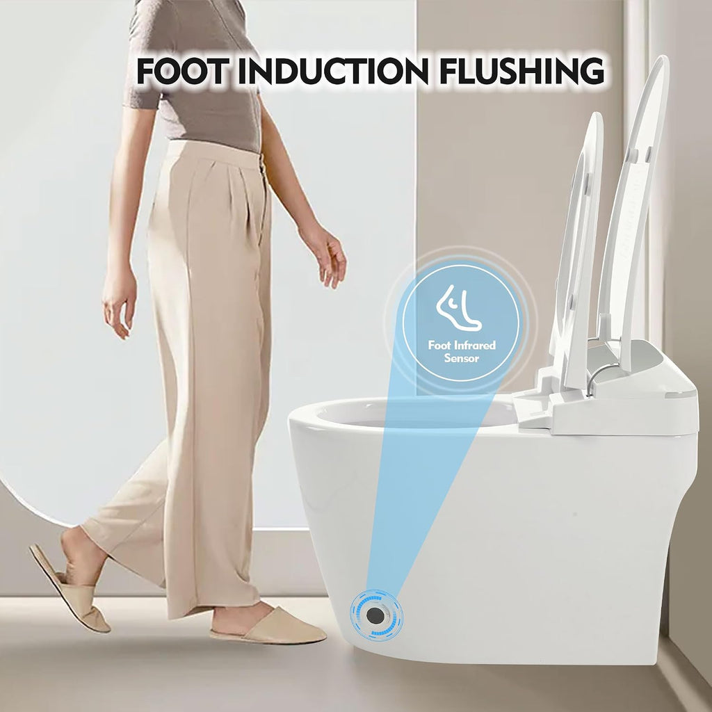 Smart Bidet Toilet with Auto Open & Close Seat, Elongated One Piece Self Flushing Toilet, Heated Seat Warm Water Sprayer, Foot Sensor Operation, Modern Electric Toilet for Bathroom Renovation