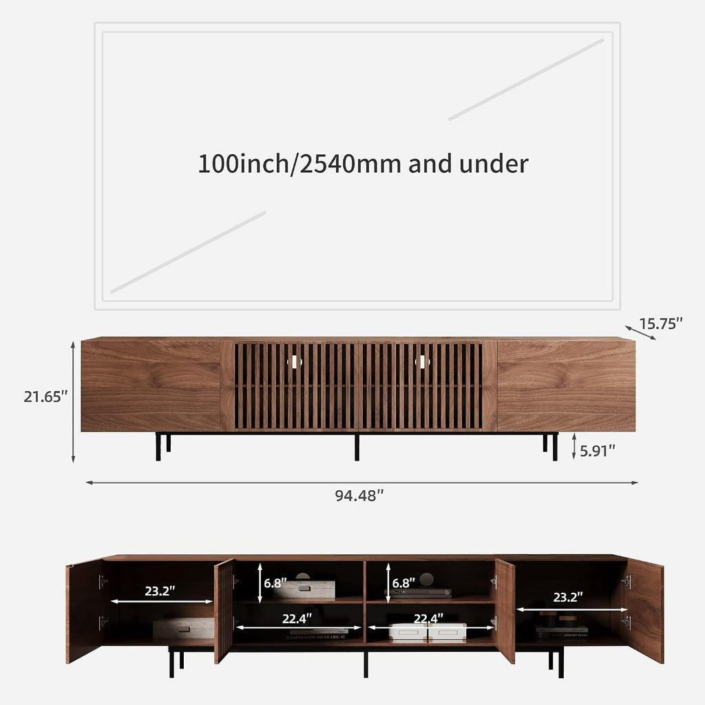 Mid-Century Modern 94.48' TV Stand and Expandable Coffee Table Set, Large Walnut Entertainment Center with Storage for Living Room and Bedroom Furniture Decor