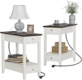 Treocho Farmhouse End Tables Living Room Set of 2, Narrow Side Table with Charging Station, Soft White Table Bedside Sofa for Small Spaces, Living Room, Bedroom