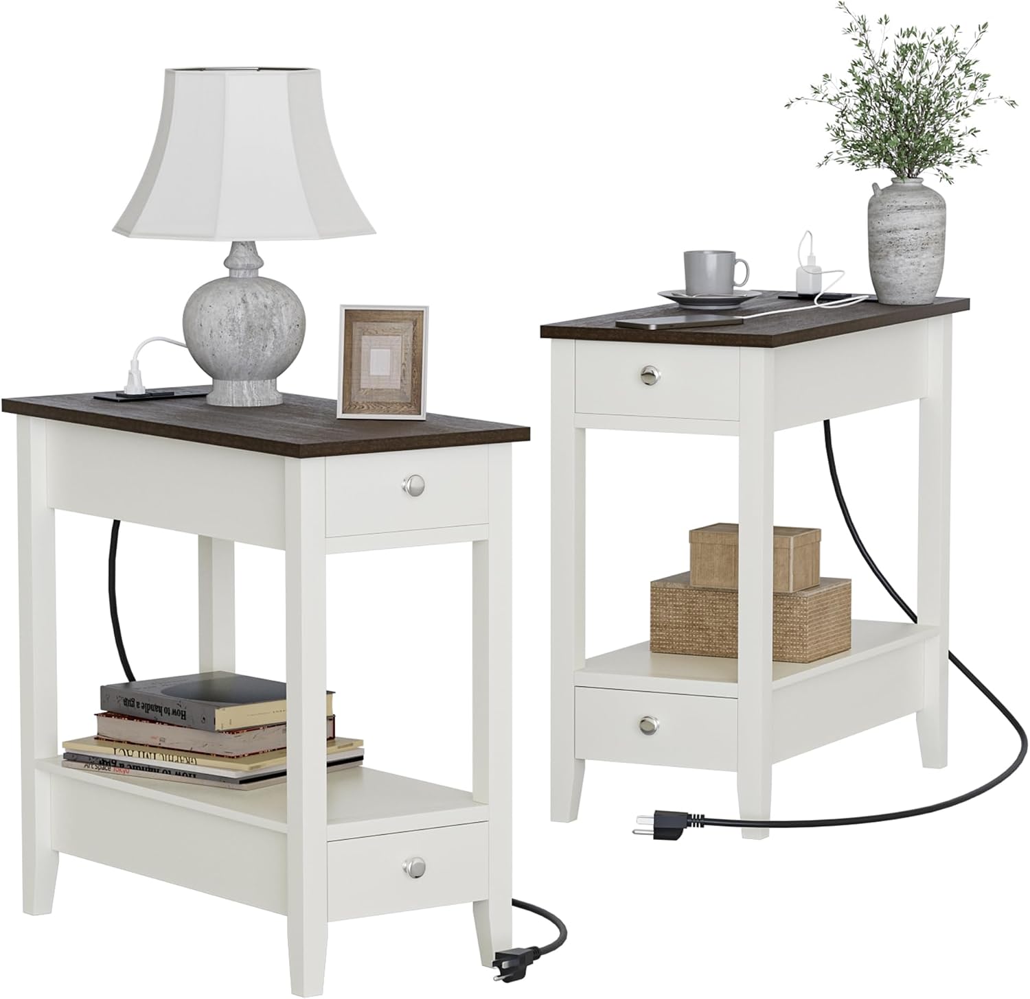 Treocho Farmhouse End Tables Living Room Set of 2, Narrow Side Table with Charging Station, Soft White Table Bedside Sofa for Small Spaces, Living Room, Bedroom