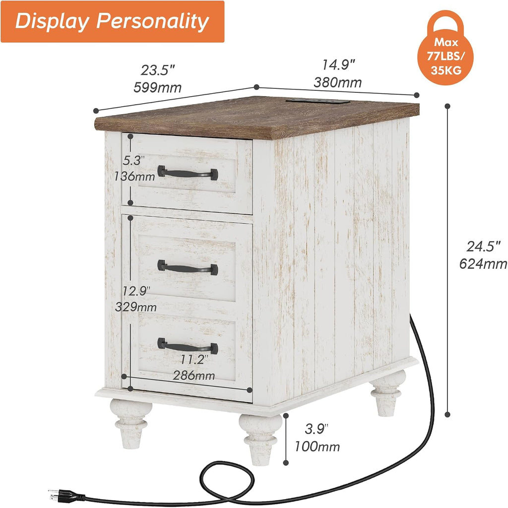 WAMPAT End Table with Charging Station, Antique White Side Table with Storage Cabinet & Drawer, Wooden Nightstand with Power Outlets & Type-C USB Ports for Bedroom, Dorm