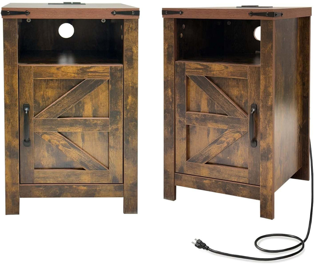 Farmhouse Nightstand Set of 2, Bedside Table with Charging Station, Night Stand with Barn Door, Brown End Table Sofa Side, Nightstand Storage for Bedroom Living Room, Brown
