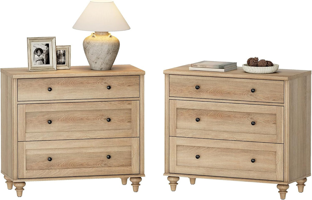 WAMPAT Farmhouse Nightstand with 3 Drawers, Set of 2 Large 3 Drawers Wood Bedside Table Night Stand, Wide Sofa Side End Table Chest of Dresser for Living Room, Bedroom, Oak, 34 inch