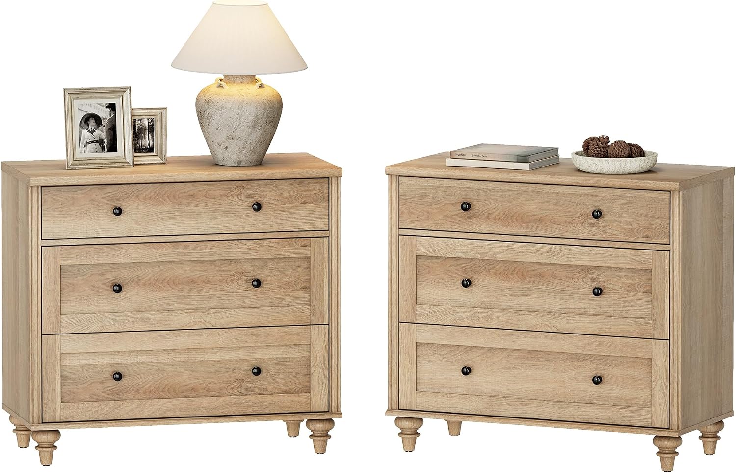 WAMPAT Farmhouse Nightstand with 3 Drawers, Set of 2 Large 3 Drawers Wood Bedside Table Night Stand, Wide Sofa Side End Table Chest of Dresser for Living Room, Bedroom, Oak, 34 inch