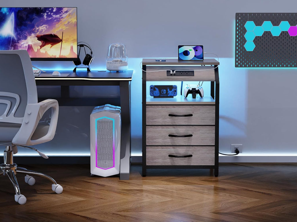 SZLHANJZ Night Stand Set of 2, Nightstands with Charger Station and LED Lights, End Tables Set with 3 Fabric Drawers, Storage Side Tables for Bedside, Living Room, Greige