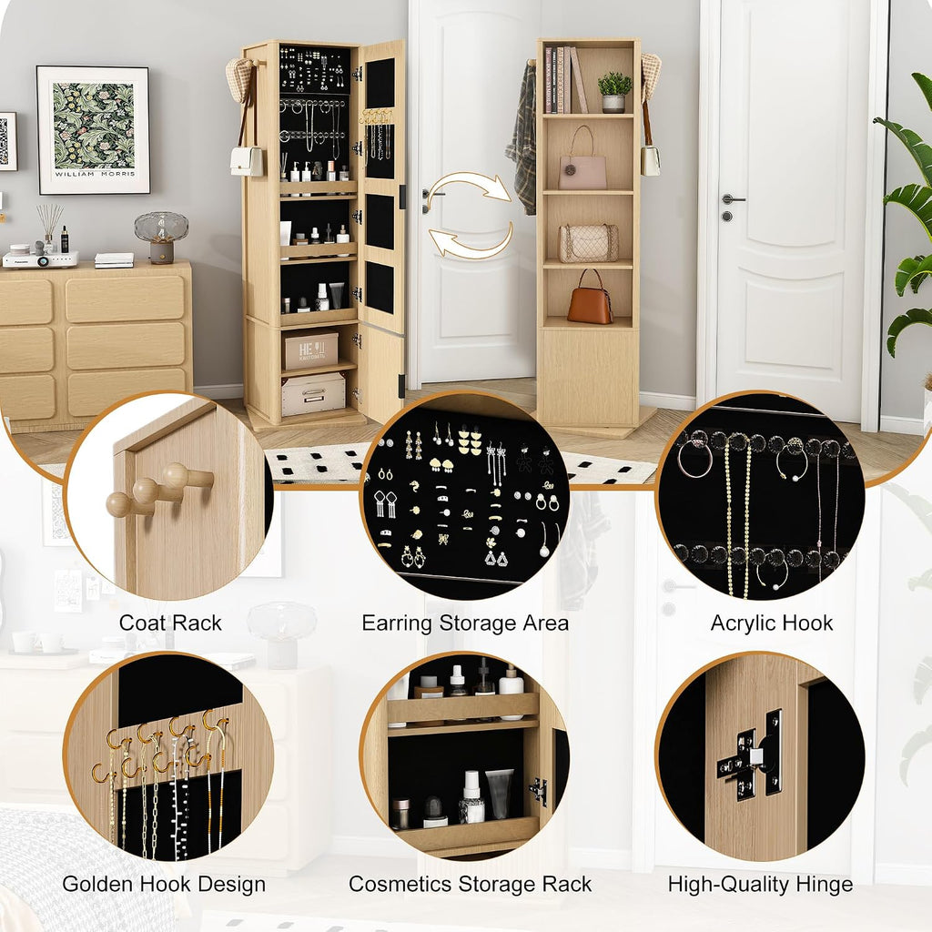 360° Rotating Makeup Cabinet Walnut, Jewelry Cabinet with Full-Length Mirror, Standing Storage Cabinet with Coat Rack, 4 Open & 2 Built-in Shelves for Bedroom Bathroom