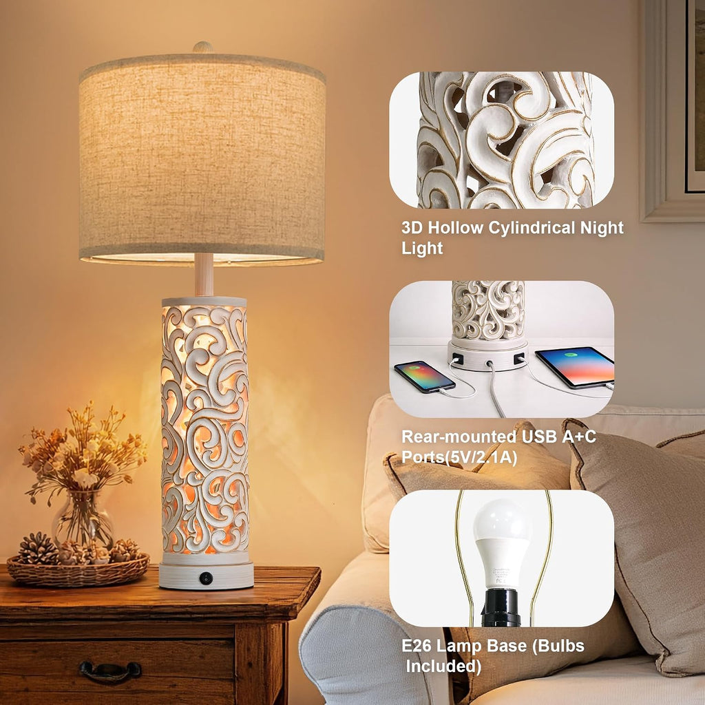 OYEARS 2-in-1 Light Table Lamp Set of 2 for Living Room, 28.5' Farmhouse Bedside Lamps with USB Charging Port, Main&Night Light & Dual Switches, Nightstand Lamp for Bedroom Home Office(Bulb Included)