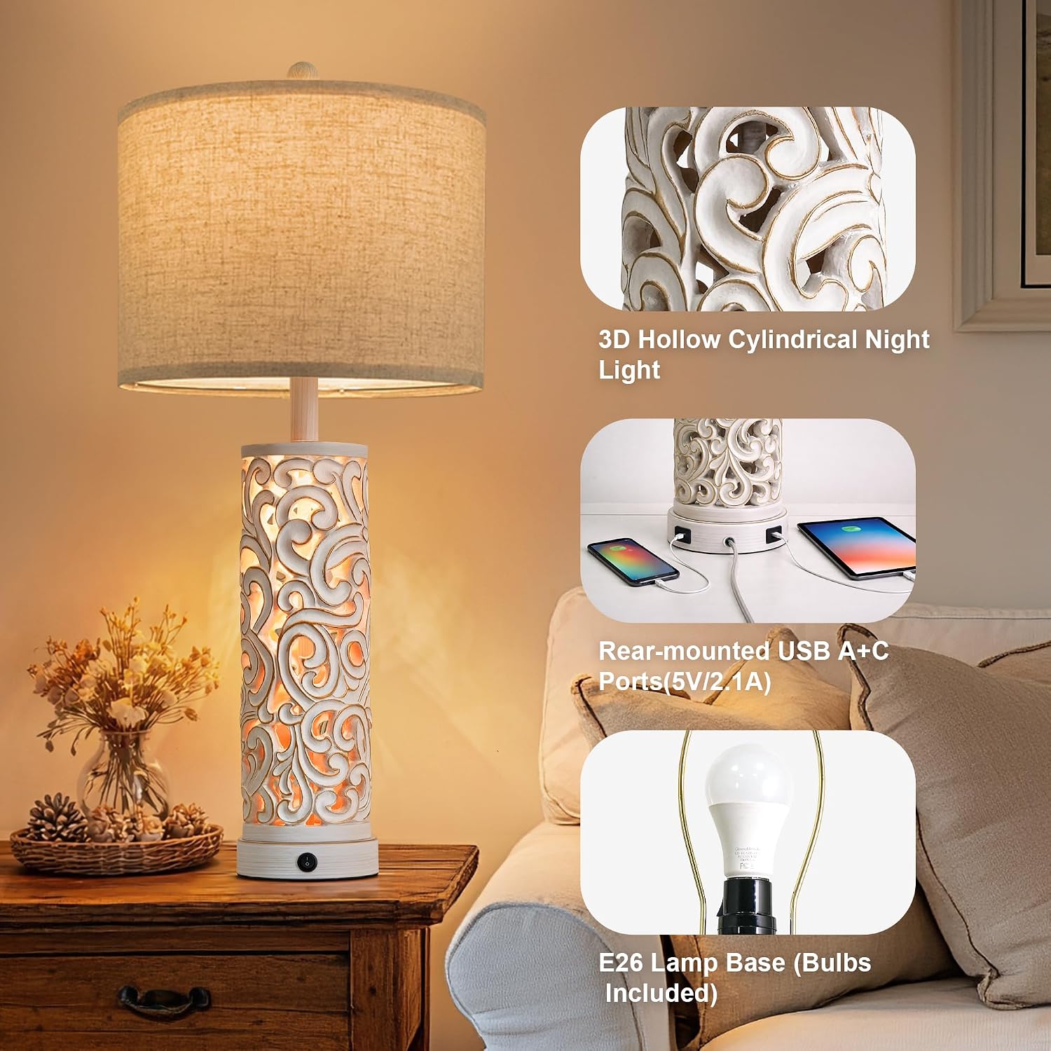 OYEARS 2-in-1 Light Table Lamp Set of 2 for Living Room, 28.5' Farmhouse Bedside Lamps with USB Charging Port, Main&Night Light & Dual Switches, Nightstand Lamp for Bedroom Home Office(Bulb Included)