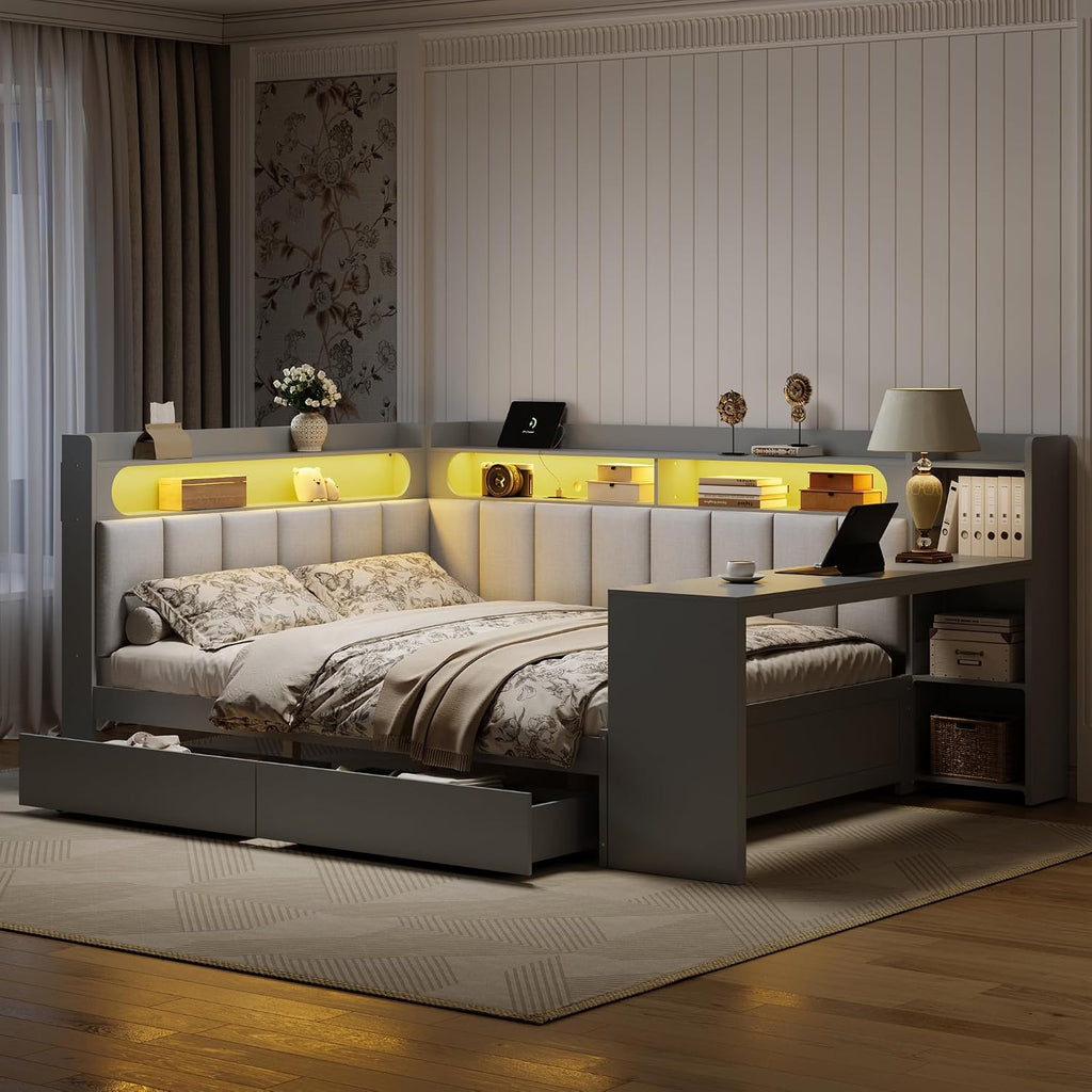 Merax Full Size Daybed Sofa Bed with Desk, 2 Drawers and Linen Upholstered Headboard and Backrest for Kids, Teens or Adults, Gray Wooden Corner Bed Platform Bed with Shelves, USB and Light