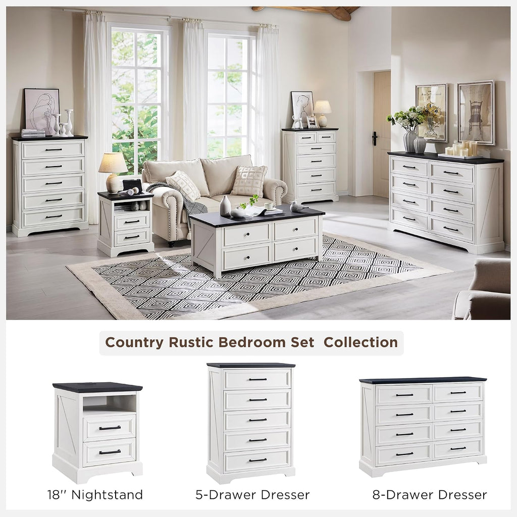 ACCOHOHO 18' Farmhouse Nightstand with Charging Station,End Table with 2 Drawers Storage,Side Table,Bedside Cabinet for Bedroom,Living Room,Antique White | for Bedroom, Living Room