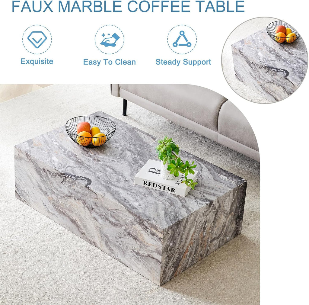 Grey Marble Coffee Table for Living Room Rectangular Faux Marble Center Tables Modern Elegant Wooden Cocktail Table for Home Office -Fully Assembled