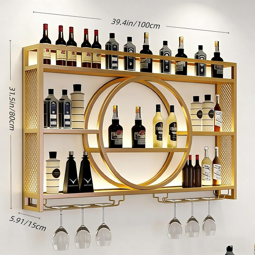 Wall Mounted Wine Rack with LED Light, 39.4' Bar Shelves and Glass Holder, Industrial Metal Bar Shelf Wall Mounted Wine Rack for Kitchen, Bar, Dining Room (Gold, 100cm/39.4in)