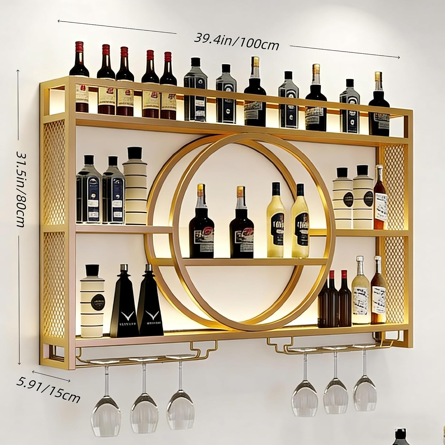 Wall Mounted Wine Rack with LED Light, 39.4' Bar Shelves and Glass Holder, Industrial Metal Bar Shelf Wall Mounted Wine Rack for Kitchen, Bar, Dining Room (Gold, 100cm/39.4in)