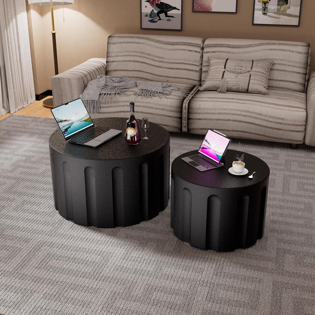 Fluted Round Nesting Coffee Table Set of 2, Modern Unique Circle Coffee Table, Drum Side Tea Table, Space-Saving for Living Room, Bedroom, Balcony, Office, No Assembly (26.77'+19.69' Black B)