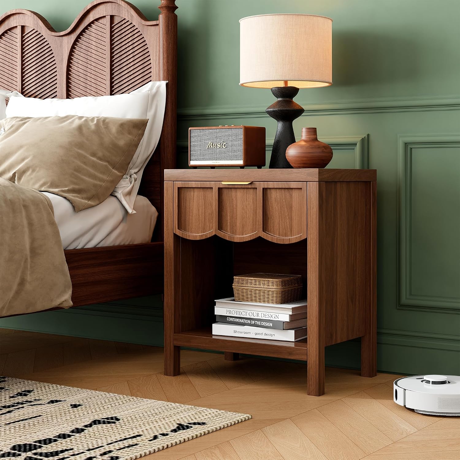 24' Nightstand Set of 2, Solid Wood End Table with Wave Panel Drawer, Mid Century Modern Chest of Drawers, Wooden Side Table Bedside Table for Bedroom, Living Room, Small Space, Walnut