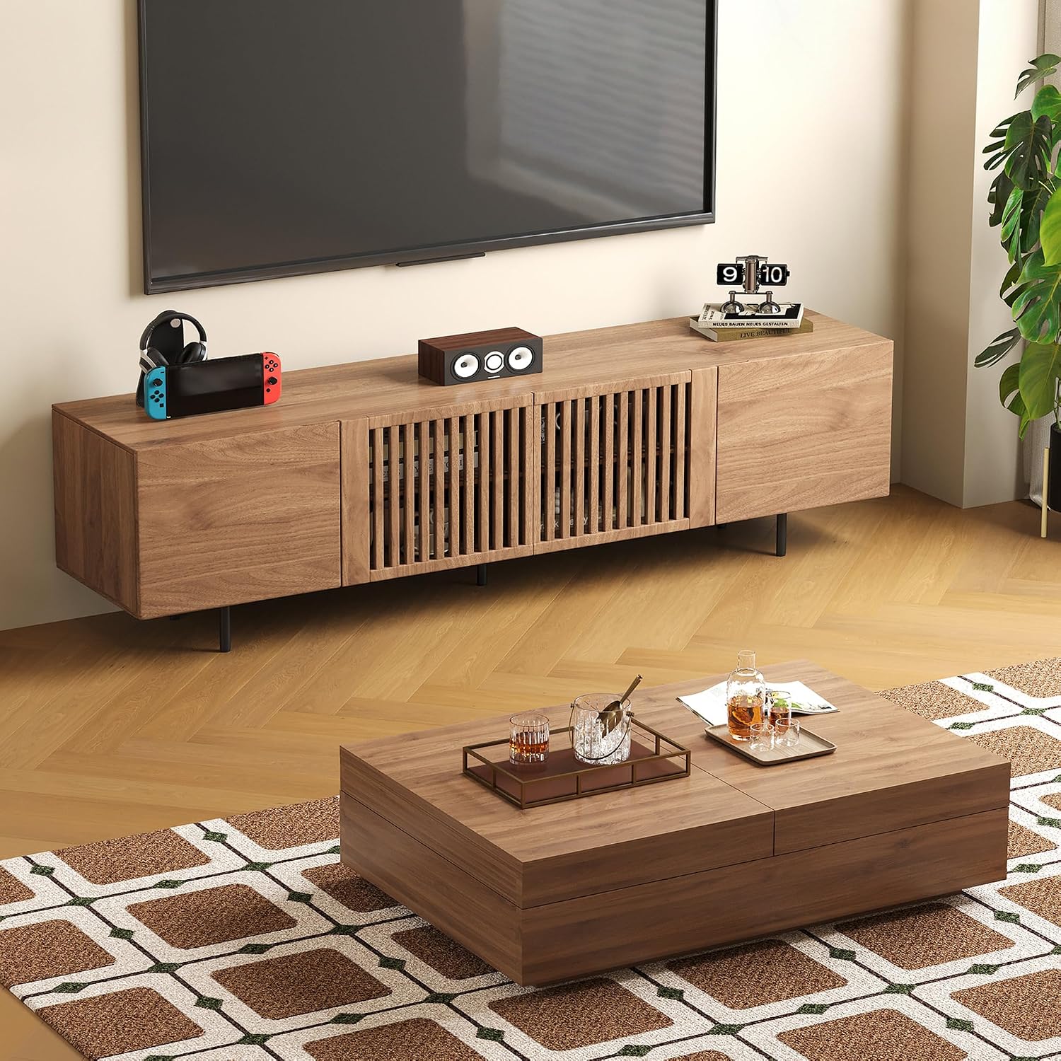Mid-Century Modern Expandable Coffee Table & TV Stand Set, Walnut Finish – Elegant Storage Combo for Living Room, Bedroom, or Lounge (70.87' TV Stand+Coffee Table)
