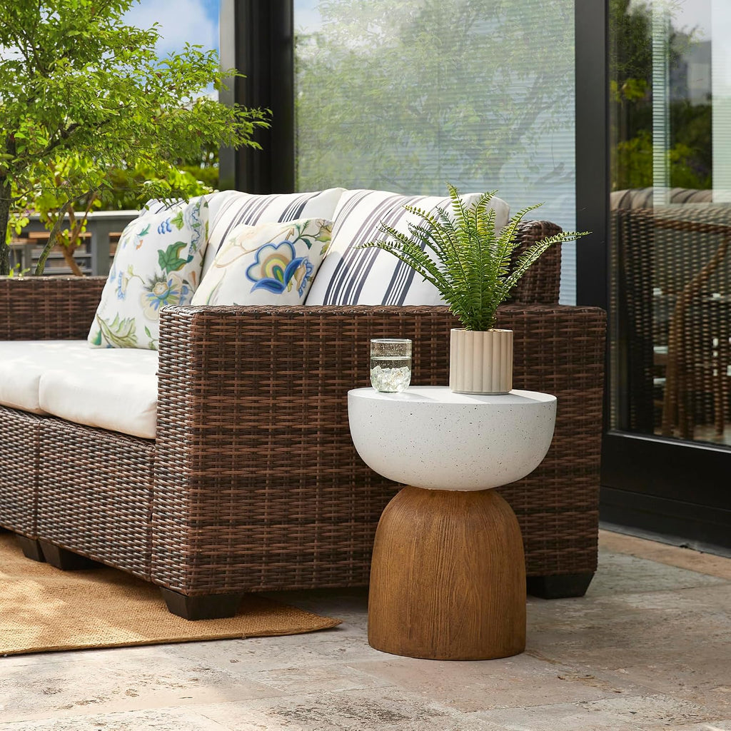 Glitzhome Outdoor Side Table Set of 2, 17.75' H Decorative Garden Stool MGO Geometric Wood Texture End Table, Round Planter Stand for Indoor Outdoor Living Room Bedroom Patio Deck Poolside