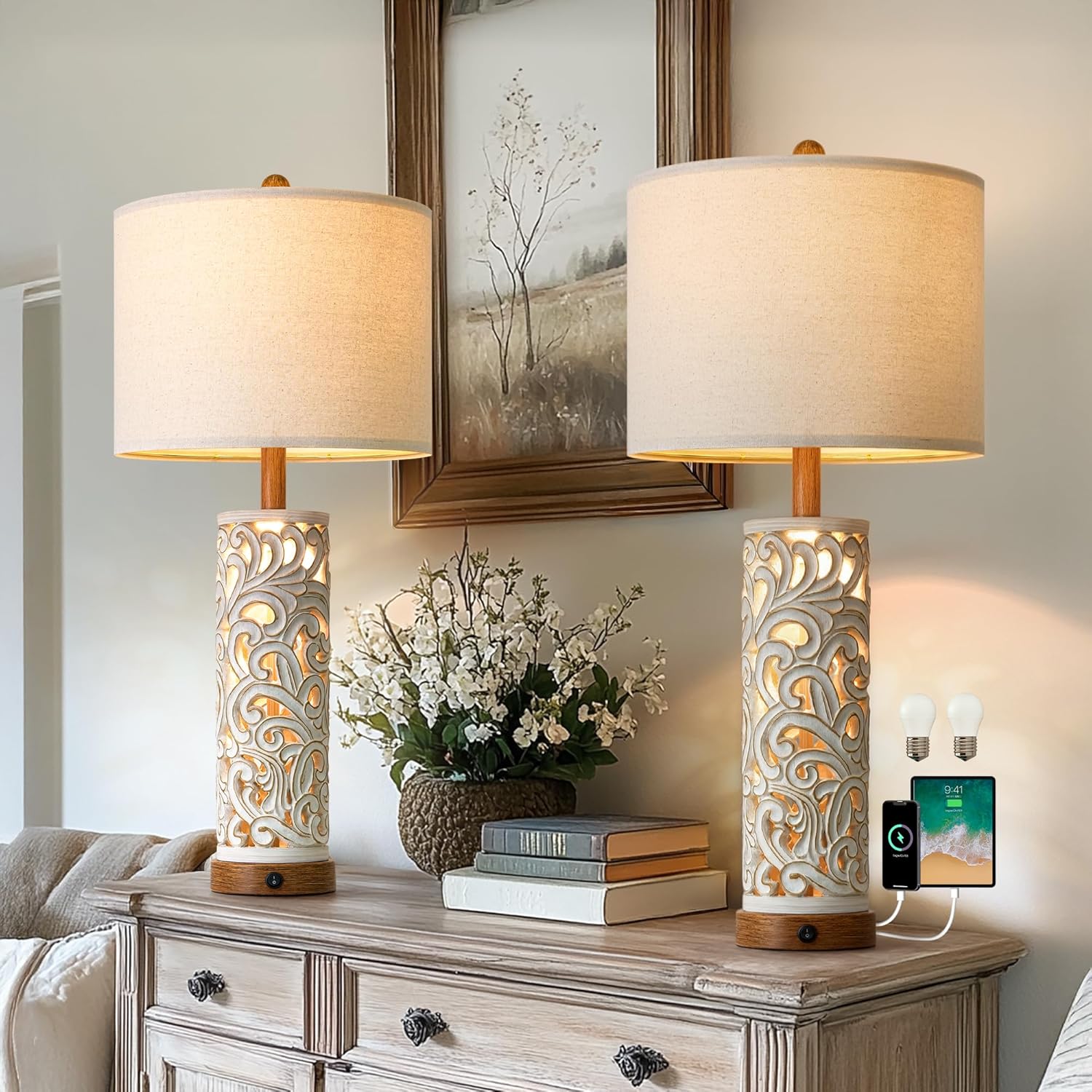 OYEARS 2-in-1 Light Table Lamp Set of 2 for Living Room, 28.5' Farmhouse Bedside Lamps with USB Charging Port, Main&Night Light & Dual Switches, Nightstand Lamp for Bedroom Home Office(Bulb Included)