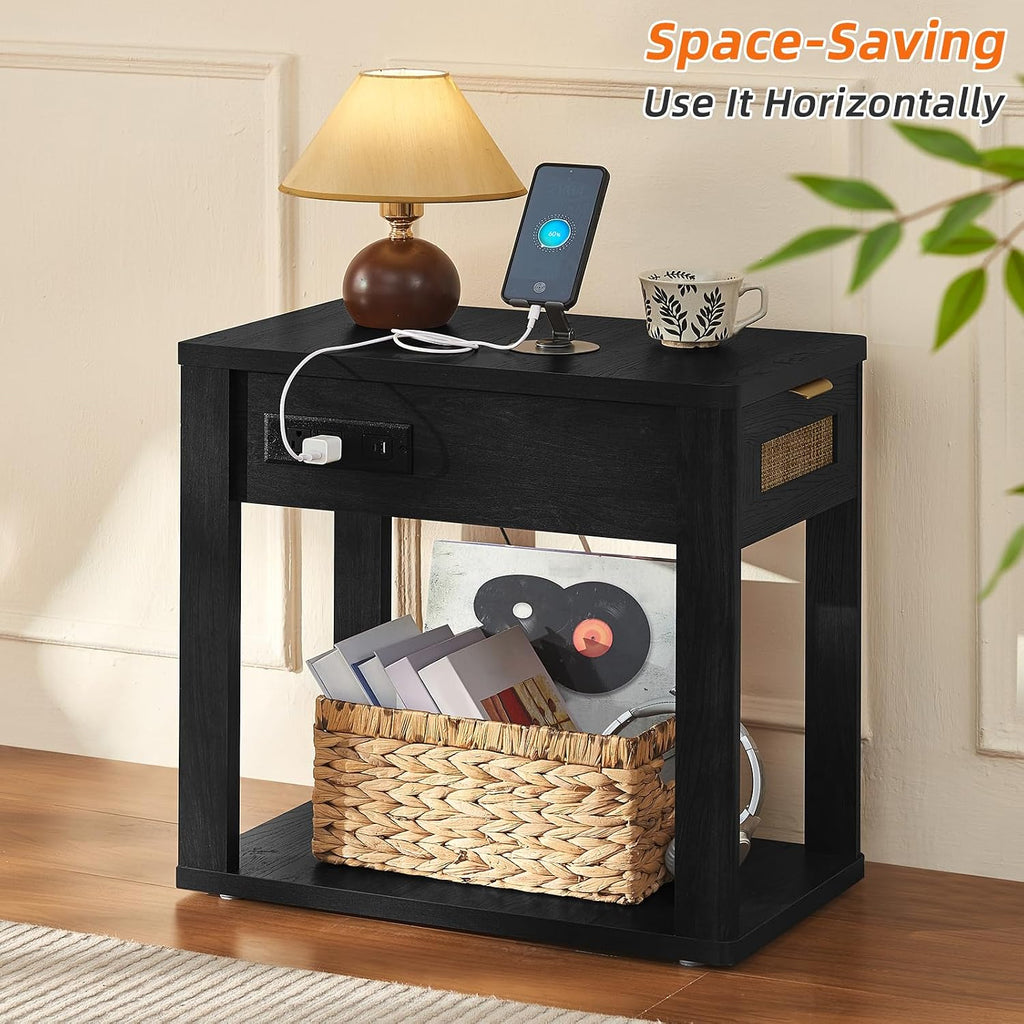 LEYAOYAO Narrow Side Table Set of 2, 24'' Night Stand with Charging Station, Rattan Nightstand with Drawer Storage, Bedside End Table with Small Spaces, Wood Boho Nightstand for Living Room Bedroom