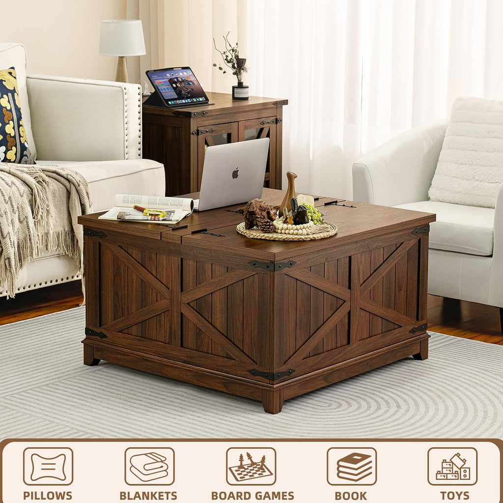 Joaxswe Farmhouse Coffee Table Sets 3 Pieces, 24'' End Table with Charger and Narrow 14'' Nightstand w/Glass Barn Door, Large Coffee Tables with Hidden Storage Organizer, Living Room Sets