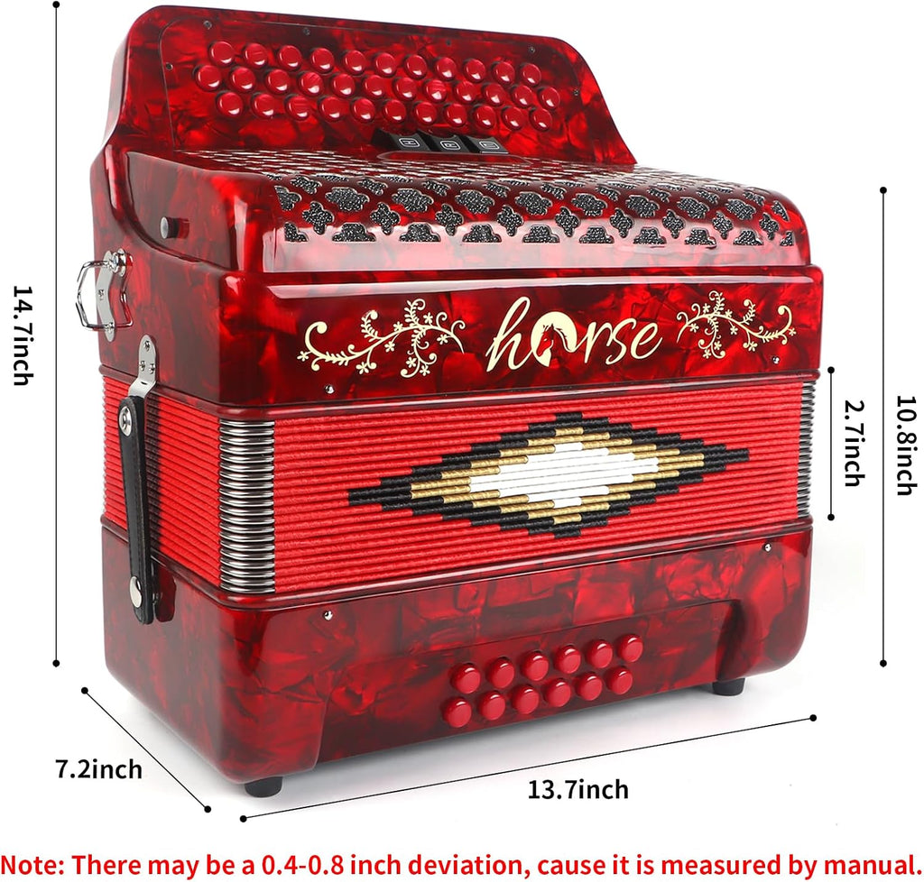 Horse 34 Key Accordion, GCF 12 Bass 3 Row, Made of Celluloid Louder & Clearer Timbre than Plastic,Accordions Instrument for Adults,W/Luxury Backpack,Straps,34 Buttons Acordeón Acordeones Para Adultos